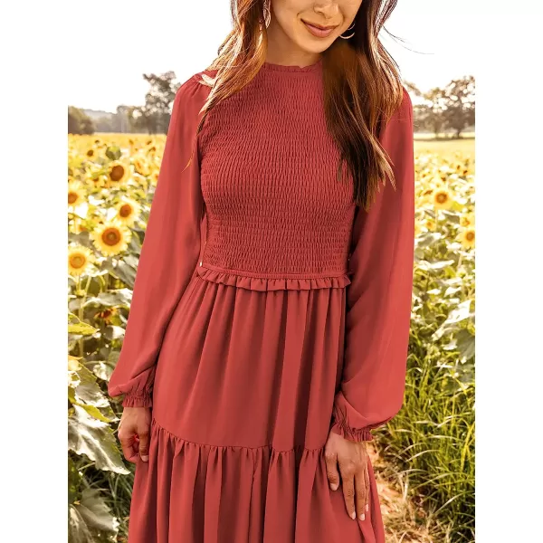imageANRABESS Womens Long Sleeve Crewneck Smocked Boho Dress ALine Ruffle Frill Tiered Swing Midi DressArust