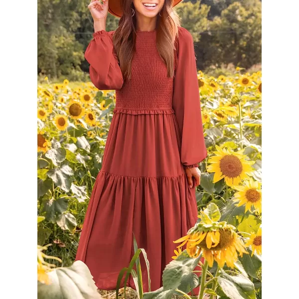 imageANRABESS Womens Long Sleeve Crewneck Smocked Boho Dress ALine Ruffle Frill Tiered Swing Midi DressArust
