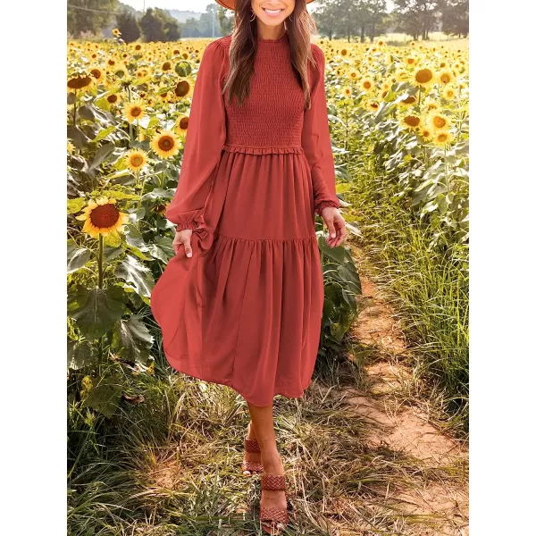 imageANRABESS Womens Long Sleeve Crewneck Smocked Boho Dress ALine Ruffle Frill Tiered Swing Midi DressArust