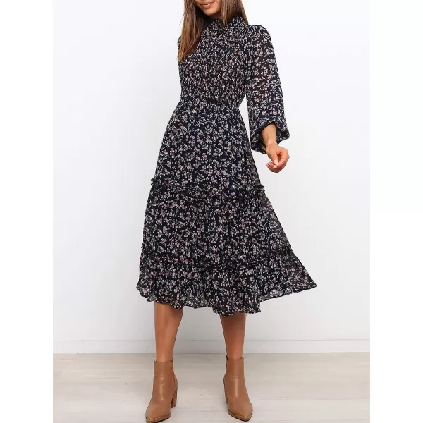 imageANRABESS Womens Long Sleeve Crewneck Smocked Boho Dress ALine Ruffle Frill Tiered Swing Midi DressFloral 03