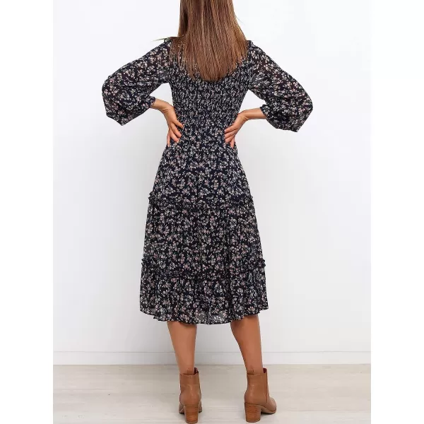 imageANRABESS Womens Long Sleeve Crewneck Smocked Boho Dress ALine Ruffle Frill Tiered Swing Midi DressFloral 03