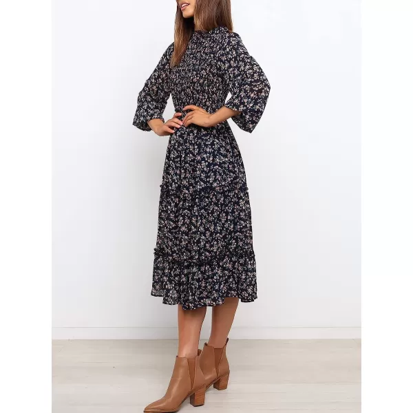 imageANRABESS Womens Long Sleeve Crewneck Smocked Boho Dress ALine Ruffle Frill Tiered Swing Midi DressFloral 03