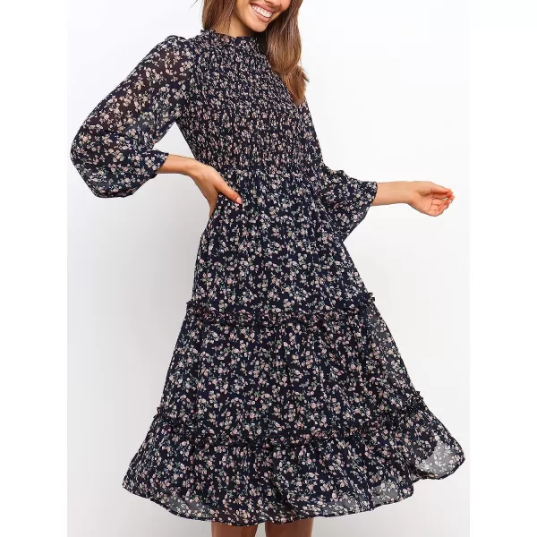 imageANRABESS Womens Long Sleeve Crewneck Smocked Boho Dress ALine Ruffle Frill Tiered Swing Midi DressFloral 03