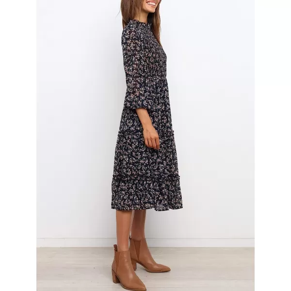 imageANRABESS Womens Long Sleeve Crewneck Smocked Boho Dress ALine Ruffle Frill Tiered Swing Midi DressFloral 03