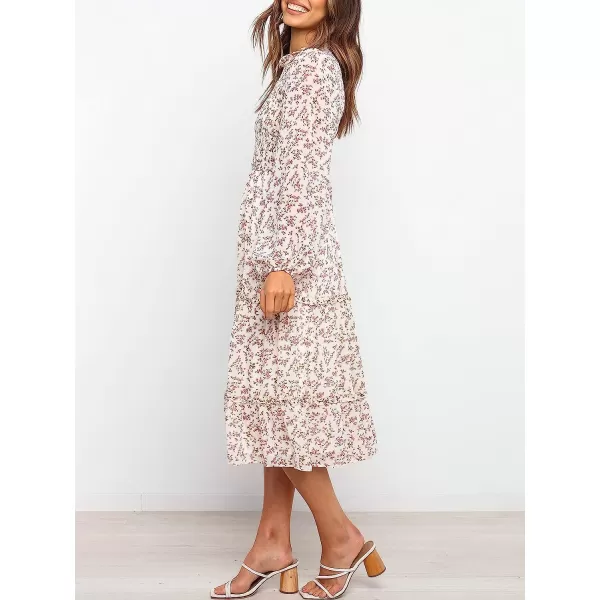 imageANRABESS Womens Long Sleeve Crewneck Smocked Boho Dress ALine Ruffle Frill Tiered Swing Midi DressFloral 04