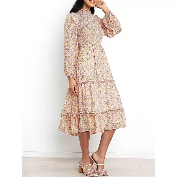 imageANRABESS Womens Long Sleeve Crewneck Smocked Boho Dress ALine Ruffle Frill Tiered Swing Midi DressFloral 05