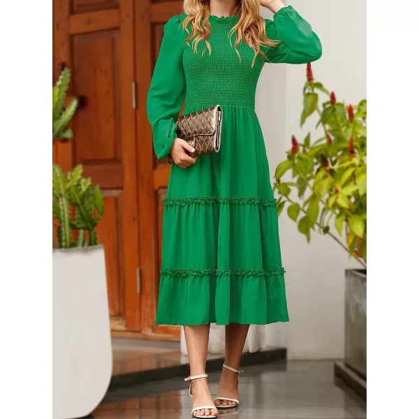 imageANRABESS Womens Long Sleeve Crewneck Smocked Boho Dress ALine Ruffle Frill Tiered Swing Midi DressGreen