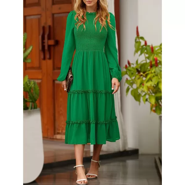 imageANRABESS Womens Long Sleeve Crewneck Smocked Boho Dress ALine Ruffle Frill Tiered Swing Midi DressGreen