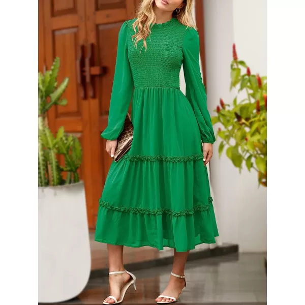 imageANRABESS Womens Long Sleeve Crewneck Smocked Boho Dress ALine Ruffle Frill Tiered Swing Midi DressGreen
