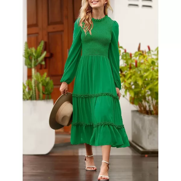 imageANRABESS Womens Long Sleeve Crewneck Smocked Boho Dress ALine Ruffle Frill Tiered Swing Midi DressGreen