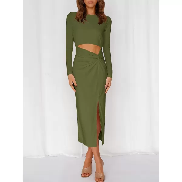 imageANRABESS Womens Long Sleeve Crewnenk Twist Cutout High Waist Elegant Formal Slim Fit Slit Midi DressArmy Green