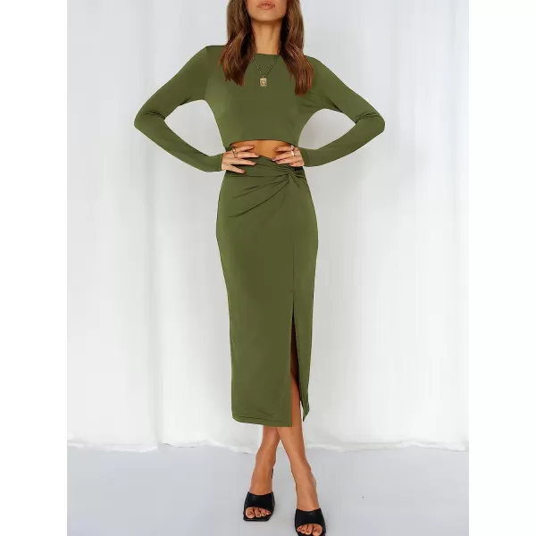 imageANRABESS Womens Long Sleeve Crewnenk Twist Cutout High Waist Elegant Formal Slim Fit Slit Midi DressArmy Green