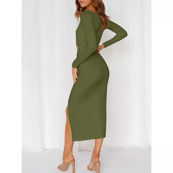 imageANRABESS Womens Long Sleeve Crewnenk Twist Cutout High Waist Elegant Formal Slim Fit Slit Midi DressArmy Green