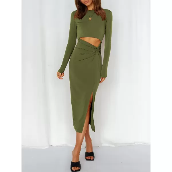 imageANRABESS Womens Long Sleeve Crewnenk Twist Cutout High Waist Elegant Formal Slim Fit Slit Midi DressArmy Green