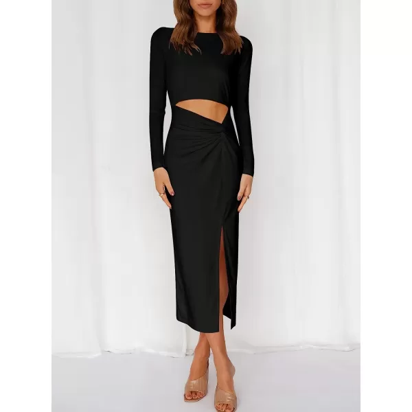 imageANRABESS Womens Long Sleeve Crewnenk Twist Cutout High Waist Elegant Formal Slim Fit Slit Midi DressBlack