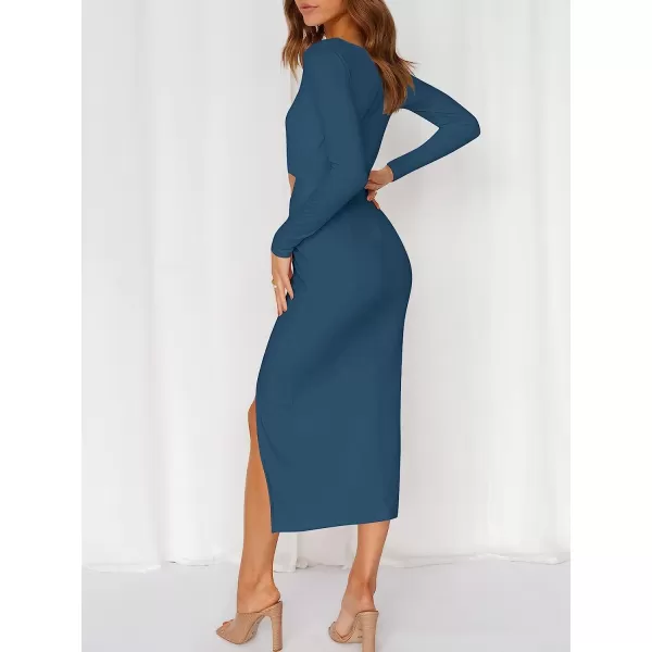 imageANRABESS Womens Long Sleeve Crewnenk Twist Cutout High Waist Elegant Formal Slim Fit Slit Midi DressBlue