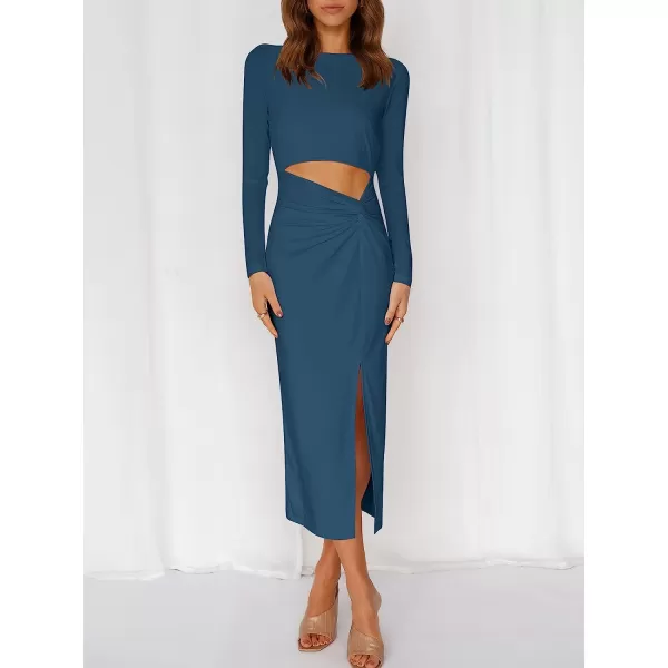 imageANRABESS Womens Long Sleeve Crewnenk Twist Cutout High Waist Elegant Formal Slim Fit Slit Midi DressBlue