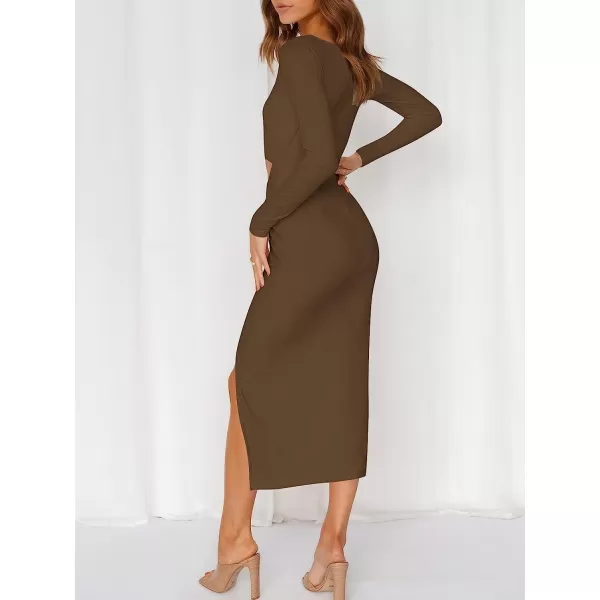 imageANRABESS Womens Long Sleeve Crewnenk Twist Cutout High Waist Elegant Formal Slim Fit Slit Midi DressCoffee