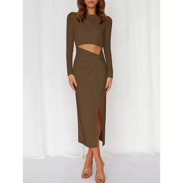 imageANRABESS Womens Long Sleeve Crewnenk Twist Cutout High Waist Elegant Formal Slim Fit Slit Midi DressCoffee