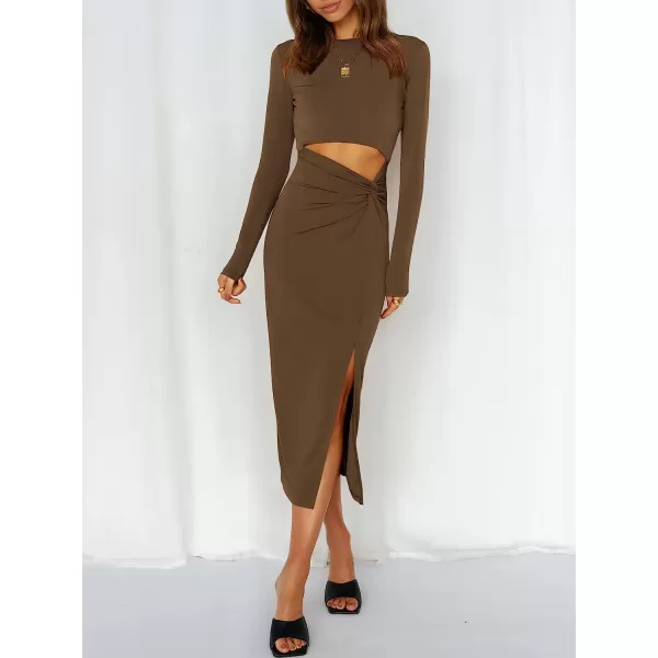 imageANRABESS Womens Long Sleeve Crewnenk Twist Cutout High Waist Elegant Formal Slim Fit Slit Midi DressCoffee