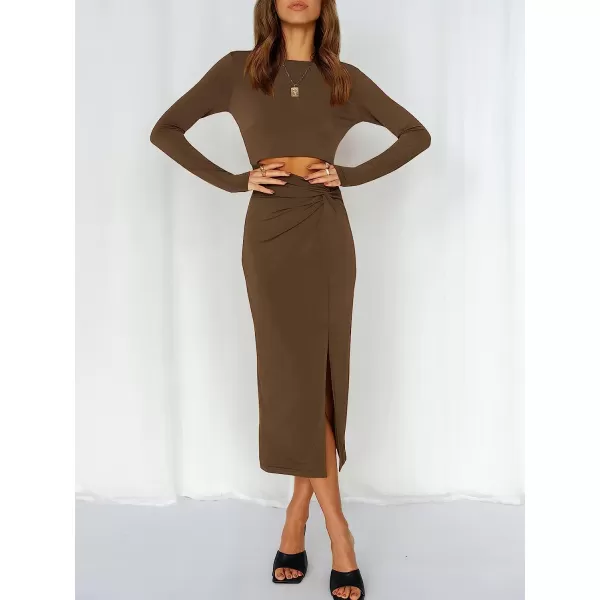 imageANRABESS Womens Long Sleeve Crewnenk Twist Cutout High Waist Elegant Formal Slim Fit Slit Midi DressCoffee