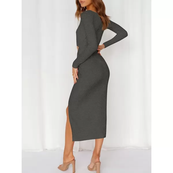 imageANRABESS Womens Long Sleeve Crewnenk Twist Cutout High Waist Elegant Formal Slim Fit Slit Midi DressGray