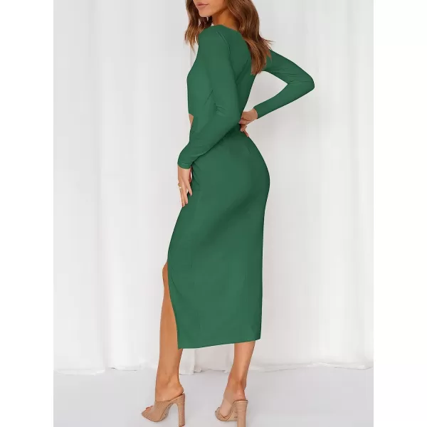 imageANRABESS Womens Long Sleeve Crewnenk Twist Cutout High Waist Elegant Formal Slim Fit Slit Midi DressGreen