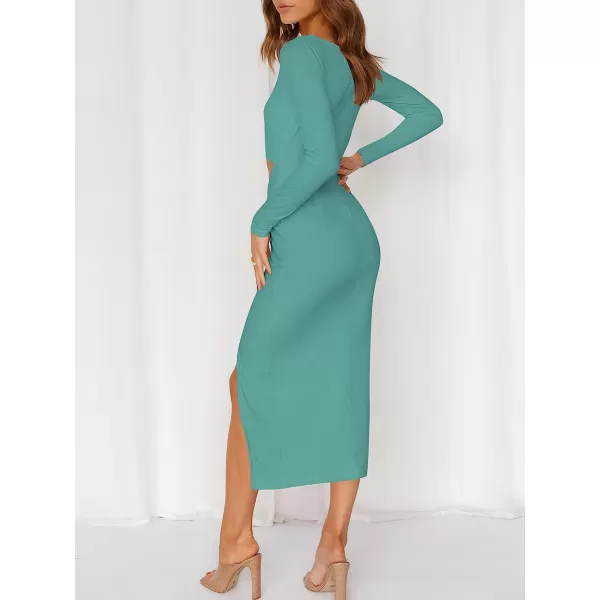 imageANRABESS Womens Long Sleeve Crewnenk Twist Cutout High Waist Elegant Formal Slim Fit Slit Midi DressLake