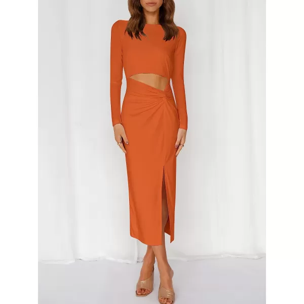 imageANRABESS Womens Long Sleeve Crewnenk Twist Cutout High Waist Elegant Formal Slim Fit Slit Midi DressOrange