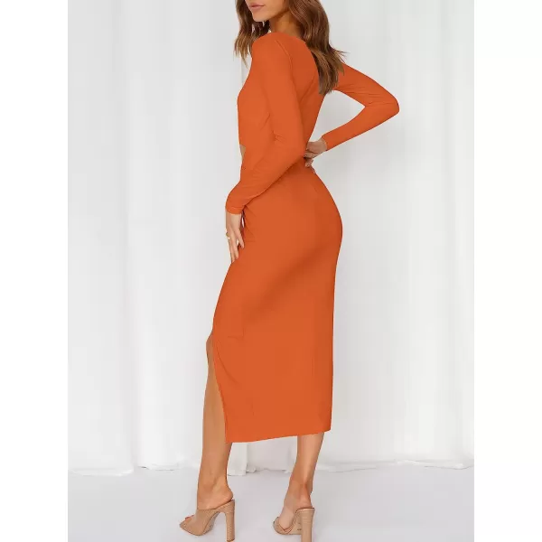 imageANRABESS Womens Long Sleeve Crewnenk Twist Cutout High Waist Elegant Formal Slim Fit Slit Midi DressOrange