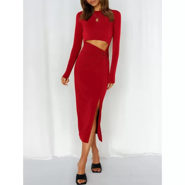 imageANRABESS Womens Long Sleeve Crewnenk Twist Cutout High Waist Elegant Formal Slim Fit Slit Midi DressRed