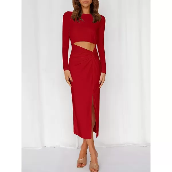imageANRABESS Womens Long Sleeve Crewnenk Twist Cutout High Waist Elegant Formal Slim Fit Slit Midi DressRed