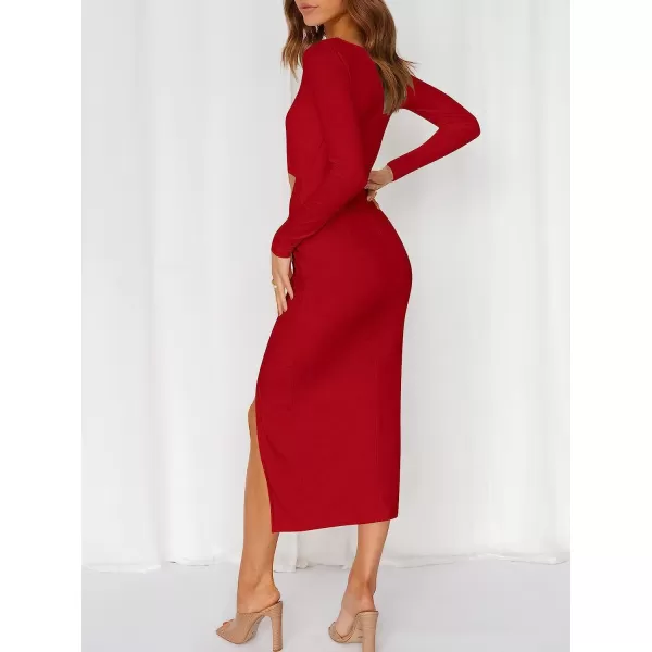 imageANRABESS Womens Long Sleeve Crewnenk Twist Cutout High Waist Elegant Formal Slim Fit Slit Midi DressRed