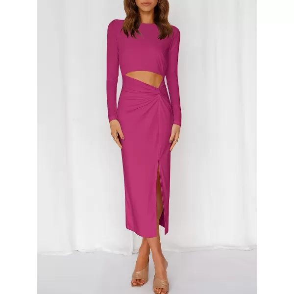 imageANRABESS Womens Long Sleeve Crewnenk Twist Cutout High Waist Elegant Formal Slim Fit Slit Midi DressRose
