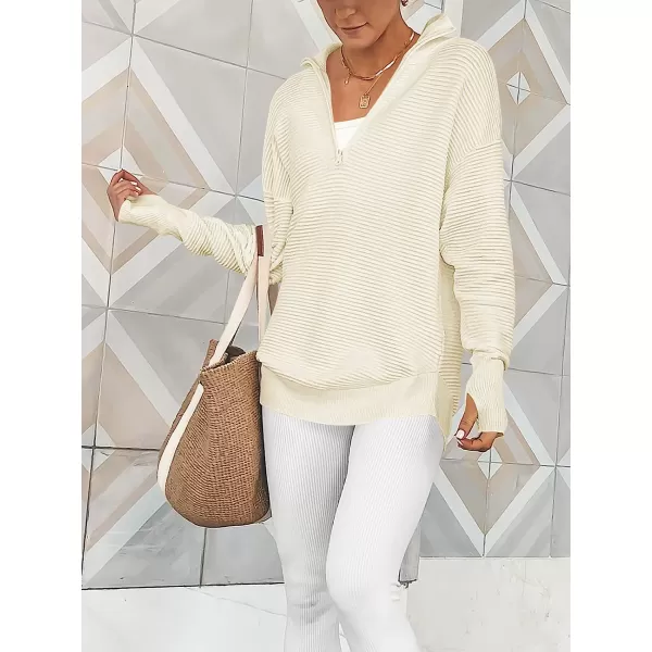 imageANRABESS Womens Long Sleeve Half Zip V Neck Collared Casual Oversized Ribbed Knit Pullover Sweater Thumb HoleAlmond