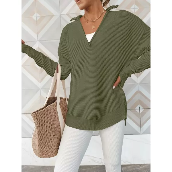 imageANRABESS Womens Long Sleeve Half Zip V Neck Collared Casual Oversized Ribbed Knit Pullover Sweater Thumb HoleArmy Green