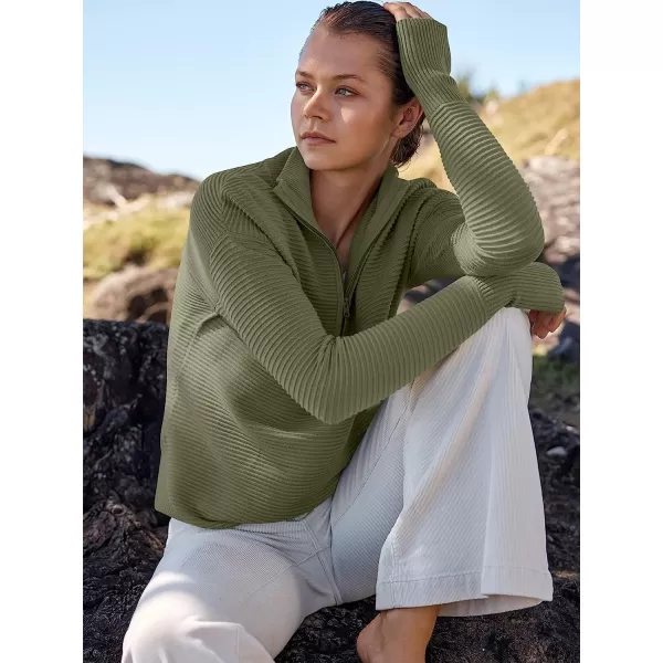 imageANRABESS Womens Long Sleeve Half Zip V Neck Collared Casual Oversized Ribbed Knit Pullover Sweater Thumb HoleArmy Green