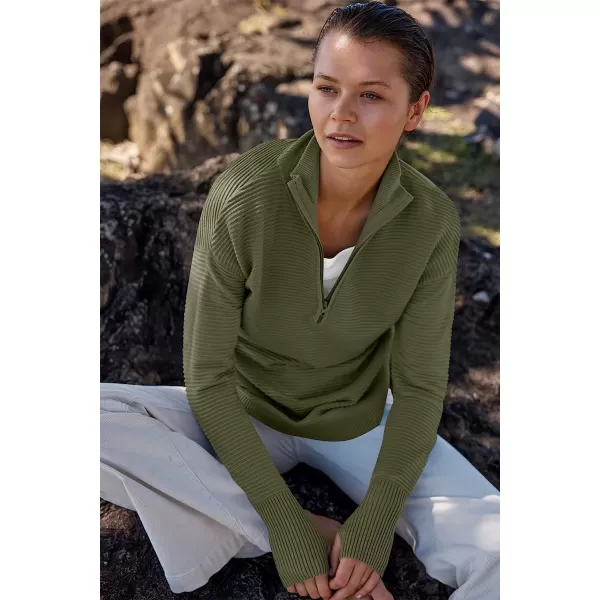imageANRABESS Womens Long Sleeve Half Zip V Neck Collared Casual Oversized Ribbed Knit Pullover Sweater Thumb HoleArmy Green