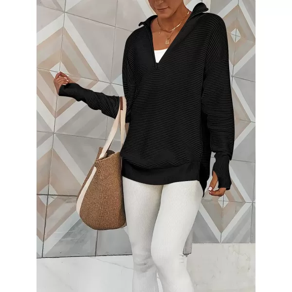 imageANRABESS Womens Long Sleeve Half Zip V Neck Collared Casual Oversized Ribbed Knit Pullover Sweater Thumb HoleBlack