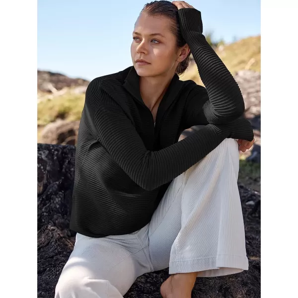 imageANRABESS Womens Long Sleeve Half Zip V Neck Collared Casual Oversized Ribbed Knit Pullover Sweater Thumb HoleBlack