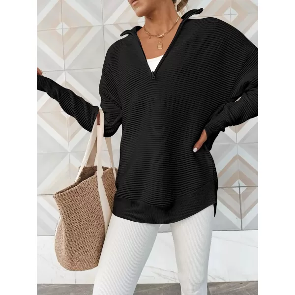 imageANRABESS Womens Long Sleeve Half Zip V Neck Collared Casual Oversized Ribbed Knit Pullover Sweater Thumb HoleBlack