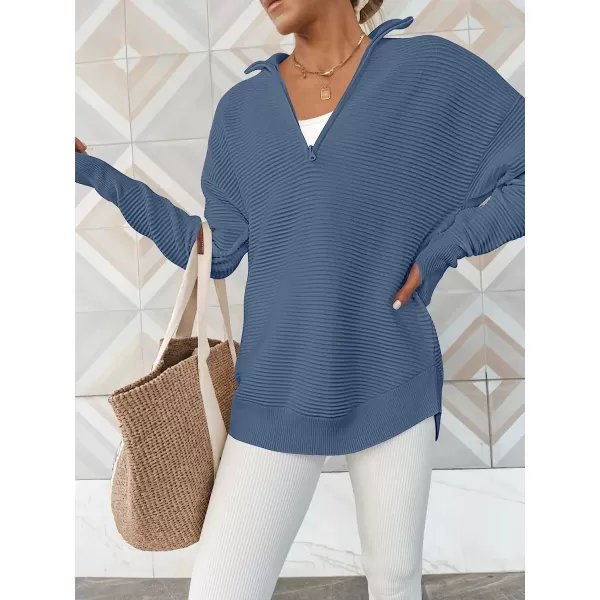 imageANRABESS Womens Long Sleeve Half Zip V Neck Collared Casual Oversized Ribbed Knit Pullover Sweater Thumb HoleBlue