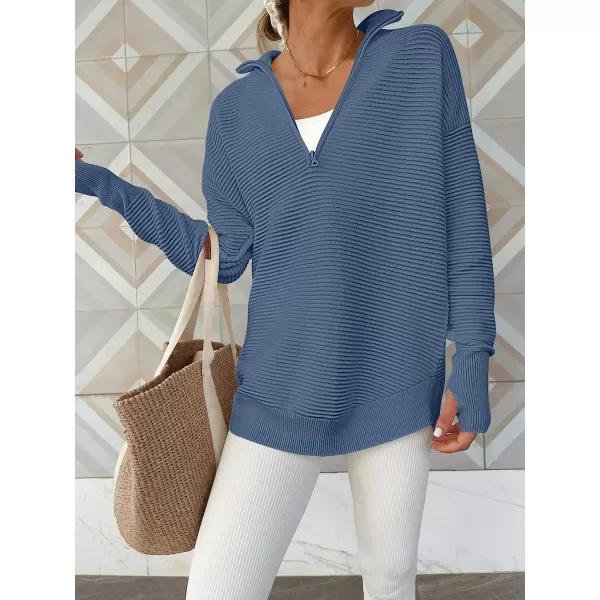 imageANRABESS Womens Long Sleeve Half Zip V Neck Collared Casual Oversized Ribbed Knit Pullover Sweater Thumb HoleBlue