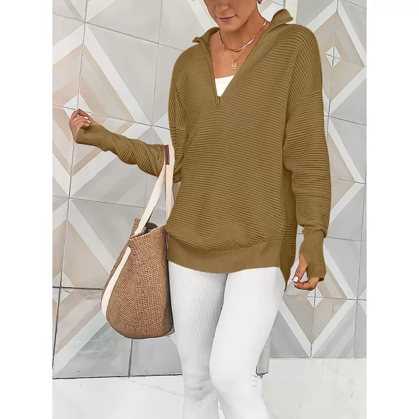 imageANRABESS Womens Long Sleeve Half Zip V Neck Collared Casual Oversized Ribbed Knit Pullover Sweater Thumb HoleBrown