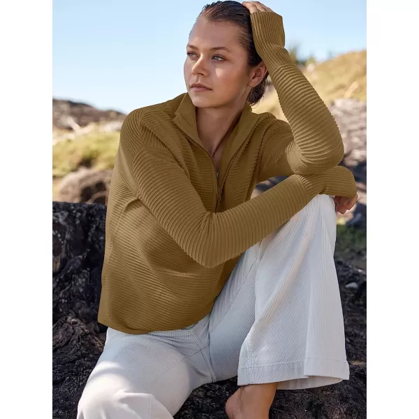 imageANRABESS Womens Long Sleeve Half Zip V Neck Collared Casual Oversized Ribbed Knit Pullover Sweater Thumb HoleBrown