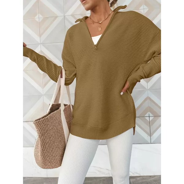 imageANRABESS Womens Long Sleeve Half Zip V Neck Collared Casual Oversized Ribbed Knit Pullover Sweater Thumb HoleBrown
