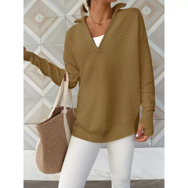 imageANRABESS Womens Long Sleeve Half Zip V Neck Collared Casual Oversized Ribbed Knit Pullover Sweater Thumb HoleBrown