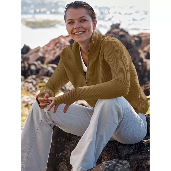 imageANRABESS Womens Long Sleeve Half Zip V Neck Collared Casual Oversized Ribbed Knit Pullover Sweater Thumb HoleBrown