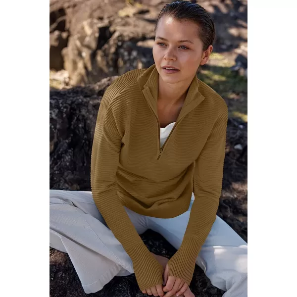 imageANRABESS Womens Long Sleeve Half Zip V Neck Collared Casual Oversized Ribbed Knit Pullover Sweater Thumb HoleBrown