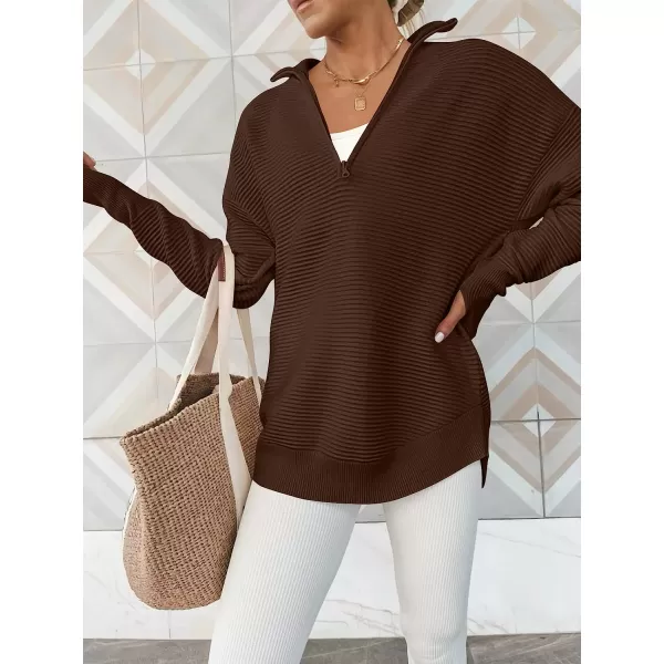 imageANRABESS Womens Long Sleeve Half Zip V Neck Collared Casual Oversized Ribbed Knit Pullover Sweater Thumb HoleCoffee